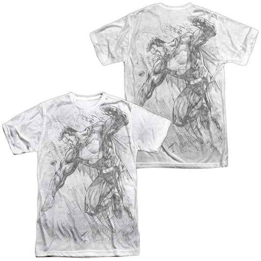 Superman - Pencil City To Space (Front/back Print) -  Short Sleeve Adult 100% Poly Crew - White T-shirt