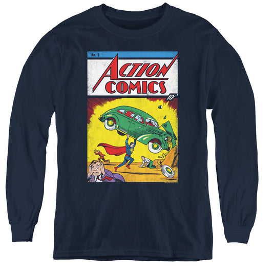 Superman Action No. 1 - Youth Long Sleeve Tee - Navy