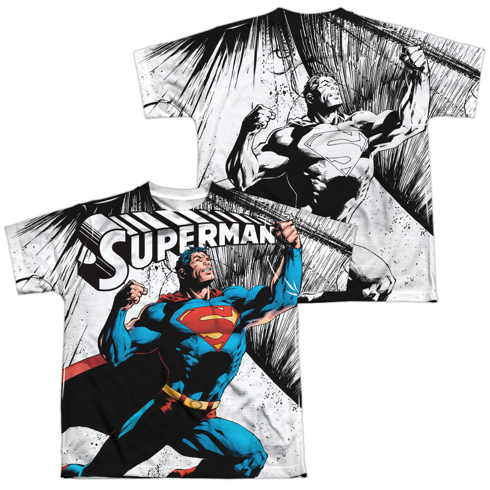 Superman - To Infinity (Front/back Print) - Short Sleeve Youth Poly Crew - White T-shirt
