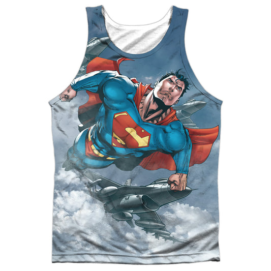 Superman - In The Sky - Adult 100% Poly Tank Top - White
