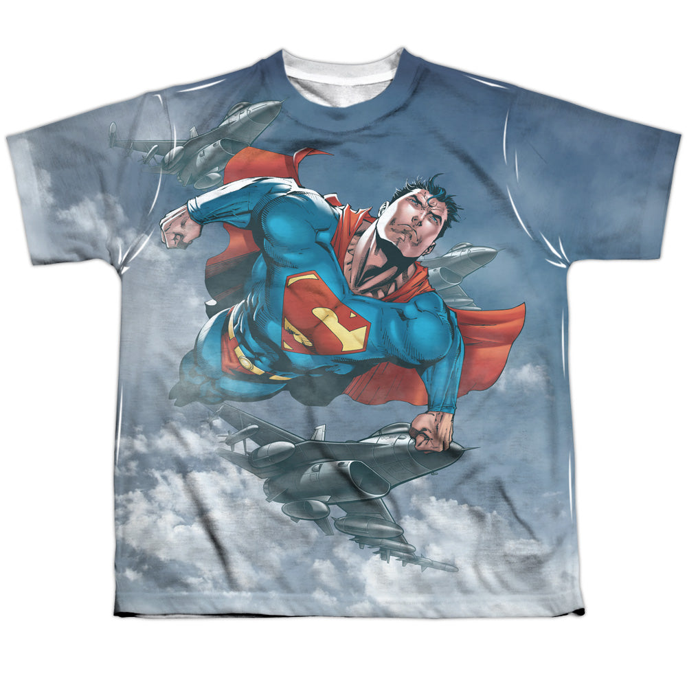 Superman - In The Sky - Short Sleeve Youth Poly Crew - White T-shirt