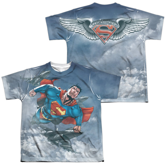 Superman - In Formation (Front/back Print) - Short Sleeve Youth Poly Crew - White T-shirt