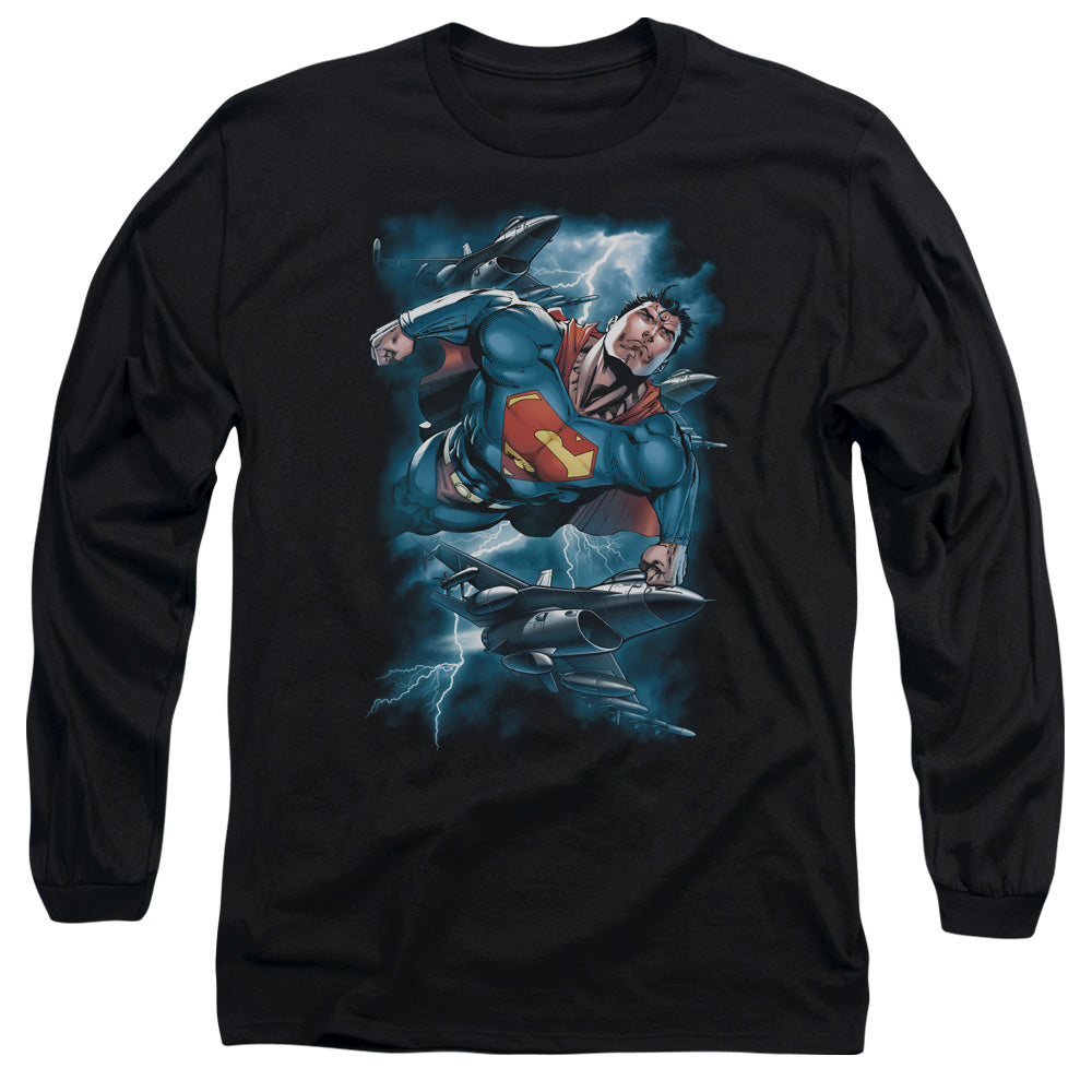 Superman - Stormy Flight - Long Sleeve Adult 18/1 - Black T-shirt