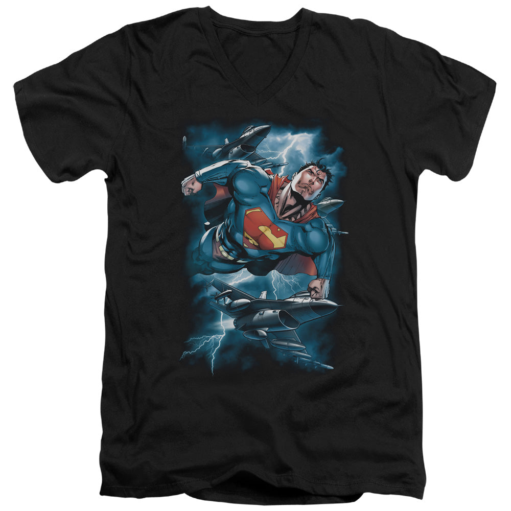 Superman - Stormy Flight - Short Sleeve Adult V-neck 30/1 - Black T-shirt
