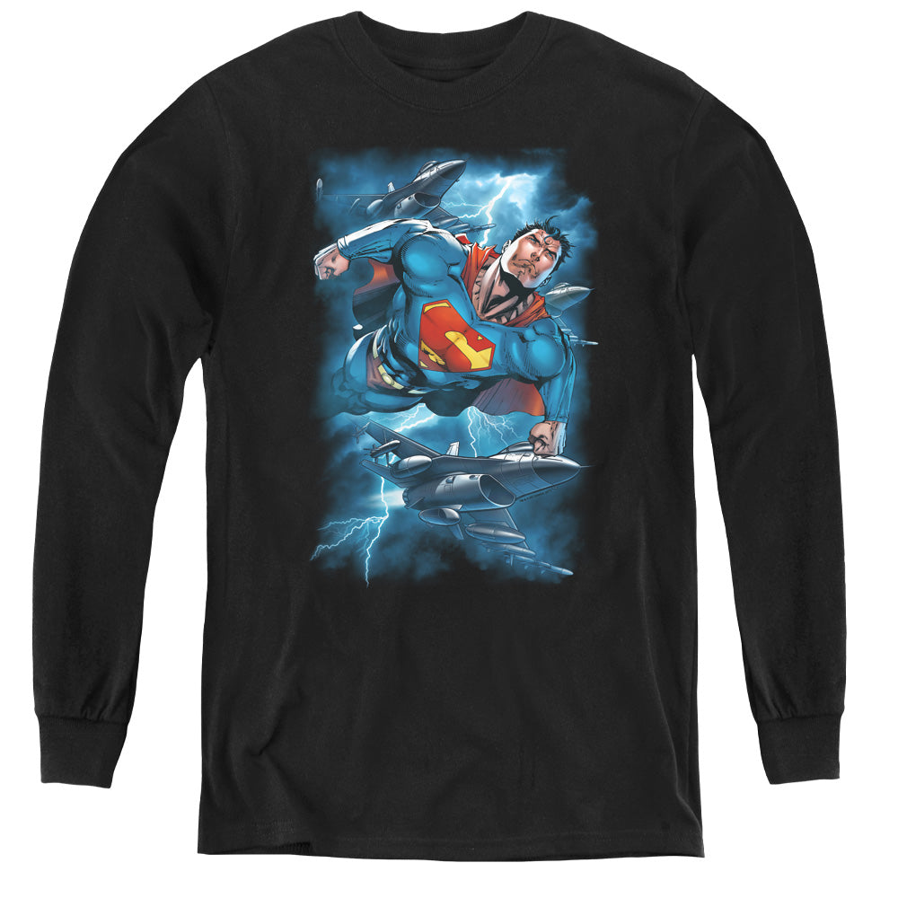 Superman - Stormy Flight - Youth Long Sleeve Tee - Black
