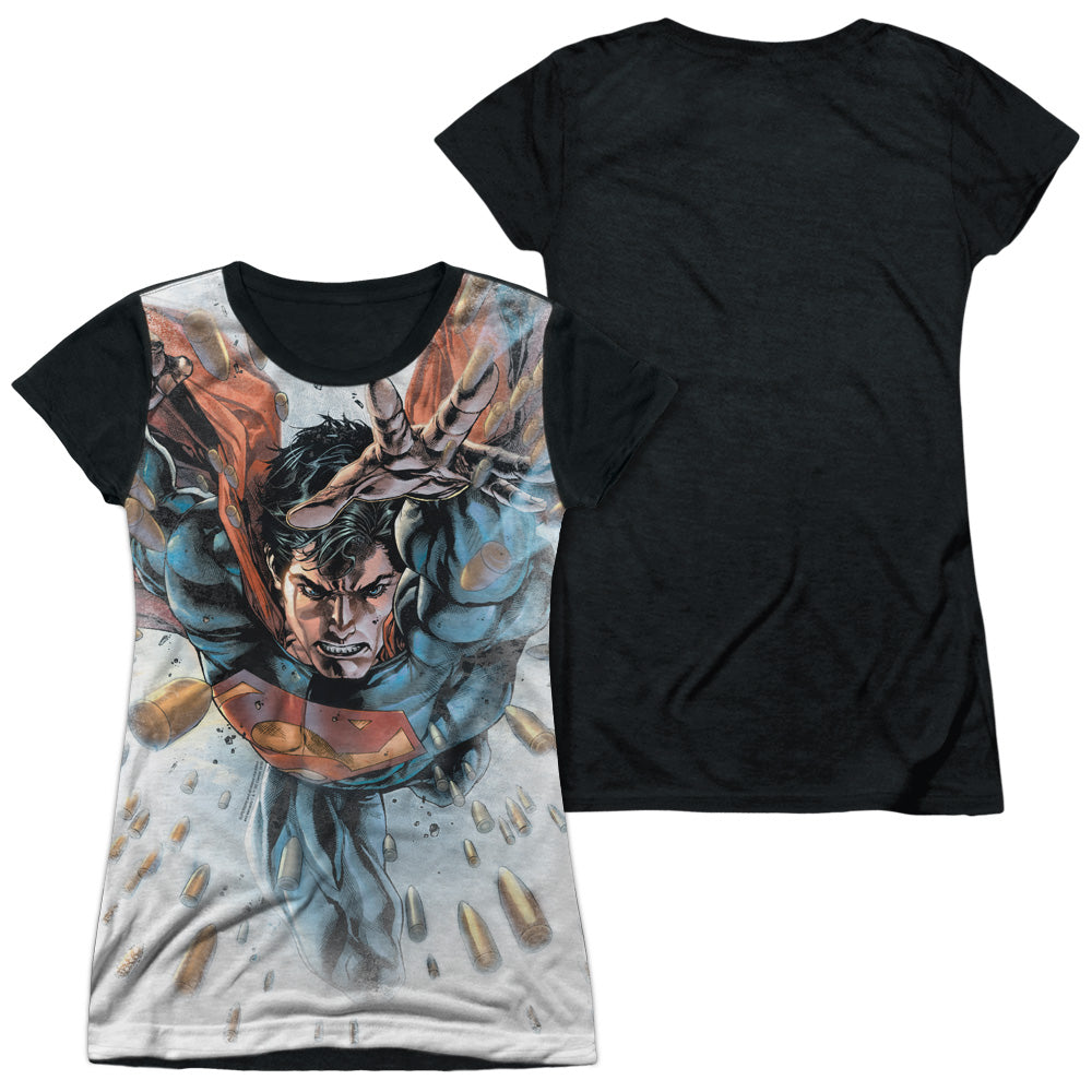 Superman - Bullets In The Sky - Short Sleeve Junior Poly Black Back - White T-shirt