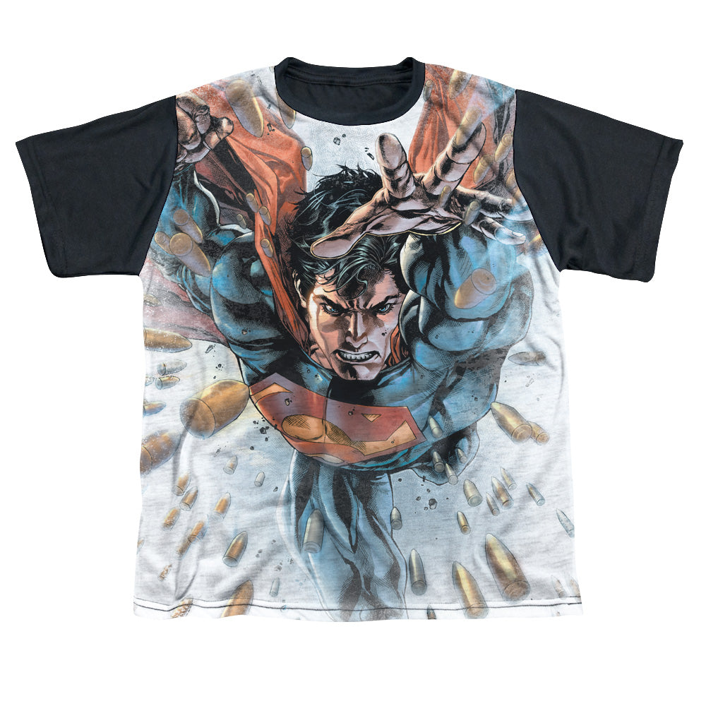 Superman - Bullets In The Sky - Short Sleeve Youth White Front Black Back   - White T-shirt