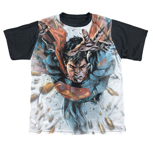 Superman - Bullets In The Sky - Short Sleeve Youth White Front Black Back   - White T-shirt