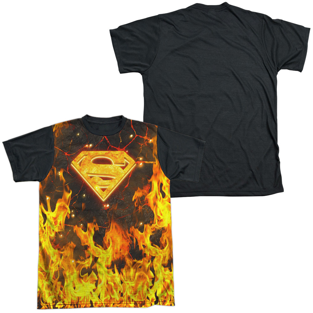 Superman - Fire Logo - Short Sleeve Adult White Front Black Back   - White T-shirt
