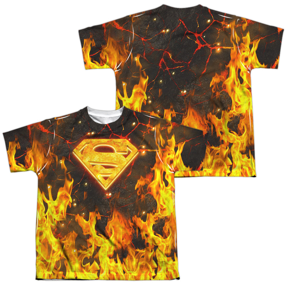 Superman - Fire Logo (Front/back Print) - Short Sleeve Youth Poly Crew - White T-shirt