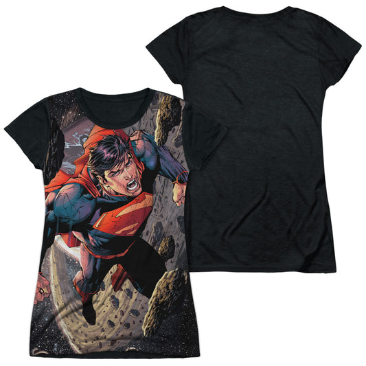 Superman - Up Up - Short Sleeve Junior Poly Black Back - White T-shirt