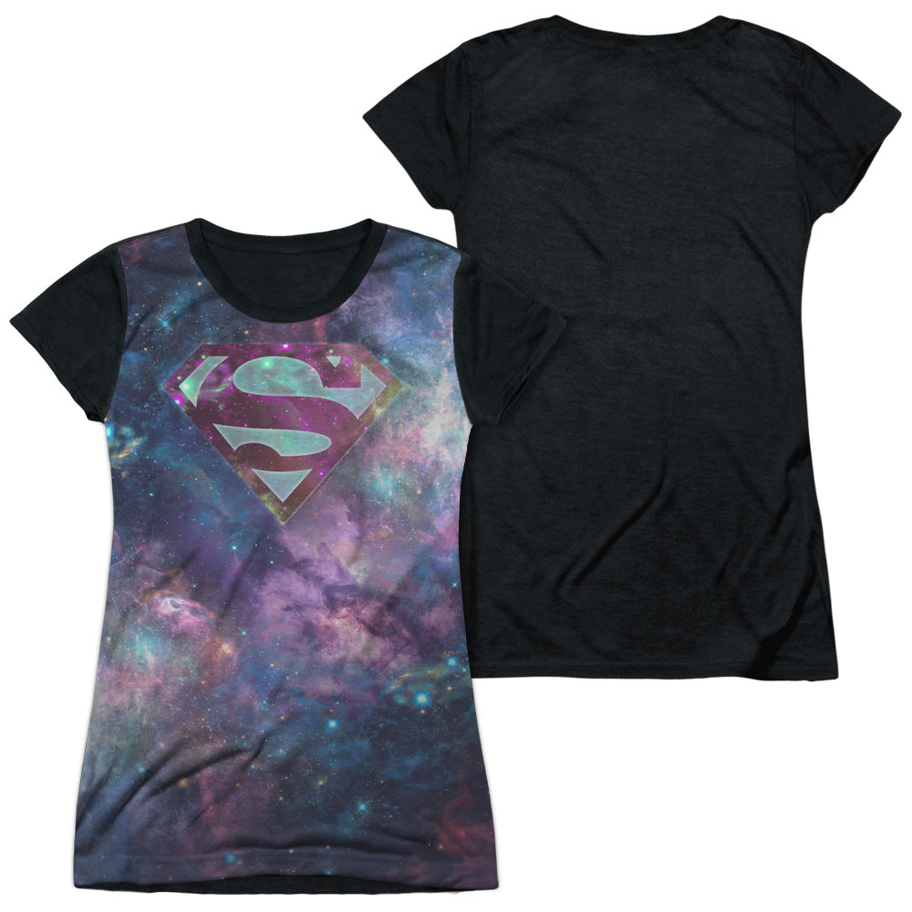 Superman - Spaced Out Logo - Short Sleeve Junior Poly Black Back - White T-shirt