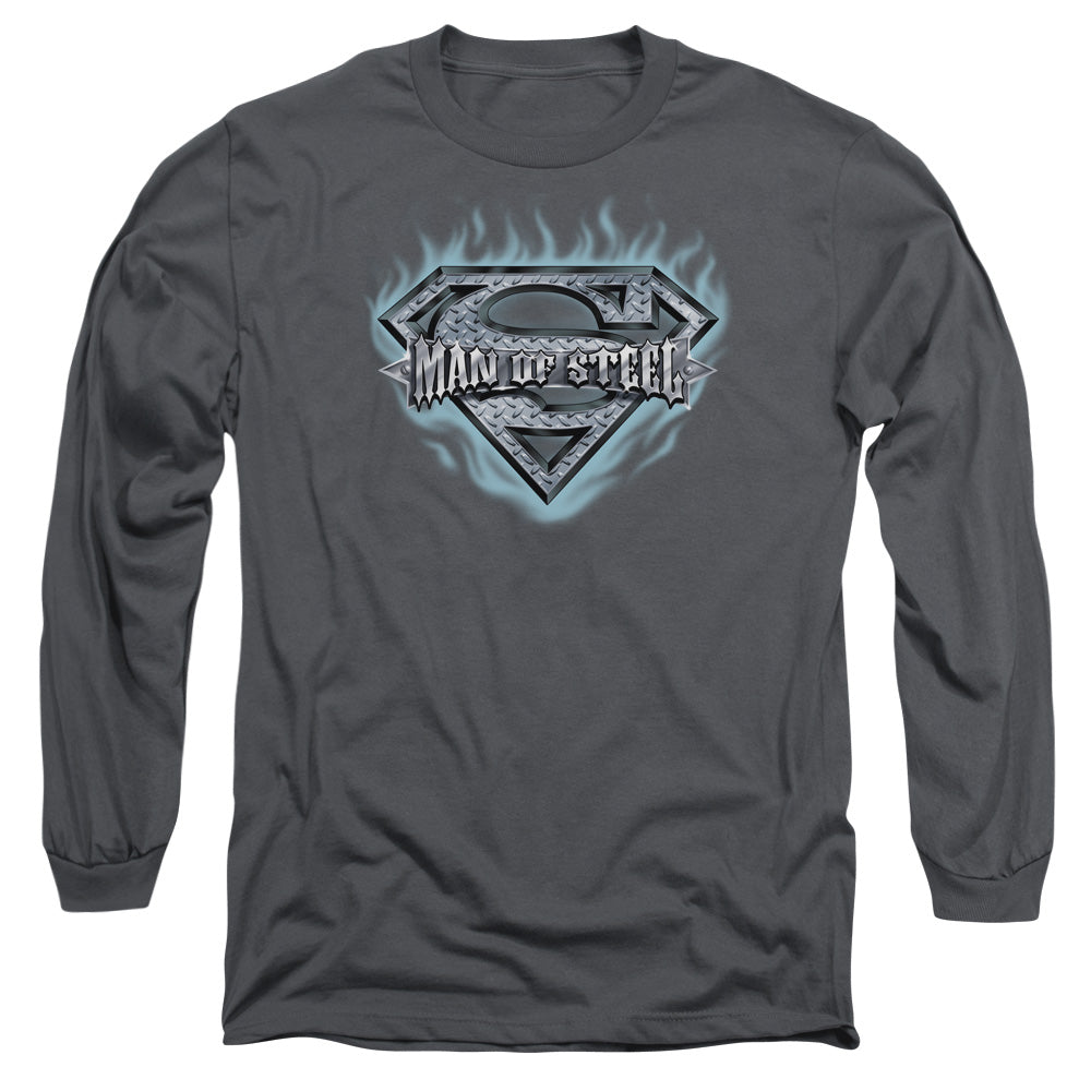 Superman - Man Of Steel Shield - Long Sleeve Adult 18/1 - Charcoal T-shirt