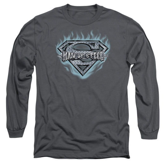Superman - Man Of Steel Shield - Long Sleeve Adult 18/1 - Charcoal T-shirt