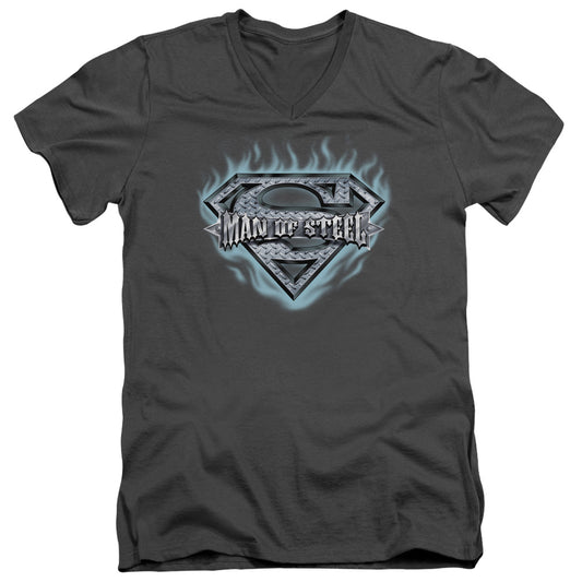 Superman - Man Of Steel Shield - Short Sleeve Adult V-neck - Charcoal T-shirt