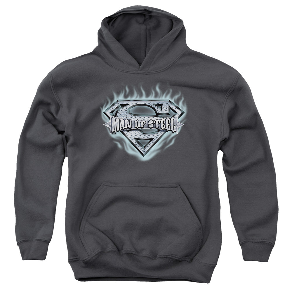 Superman Man Of Steel Shield-youth Pull-over Hoodie - Charcoal