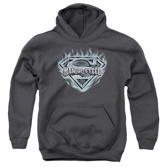 Superman Man Of Steel Shield-youth Pull-over Hoodie - Charcoal