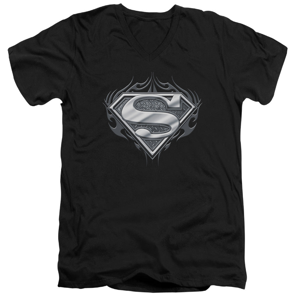 Superman - Biker Metal - Short Sleeve Adult V-neck - Black T-shirt