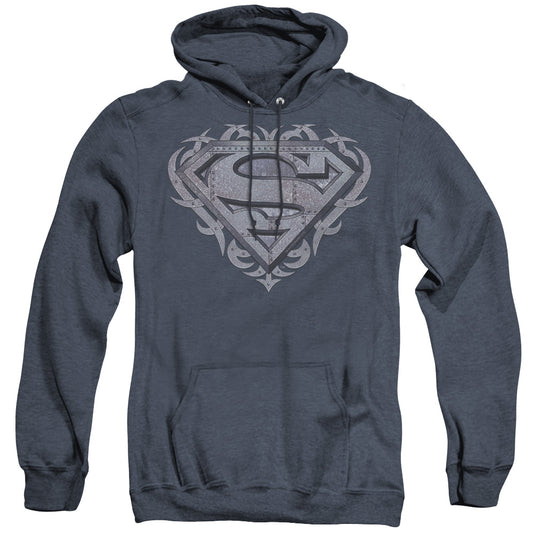 Superman - Tribal Steel Shield - Adult Heather Hoodie - Navy
