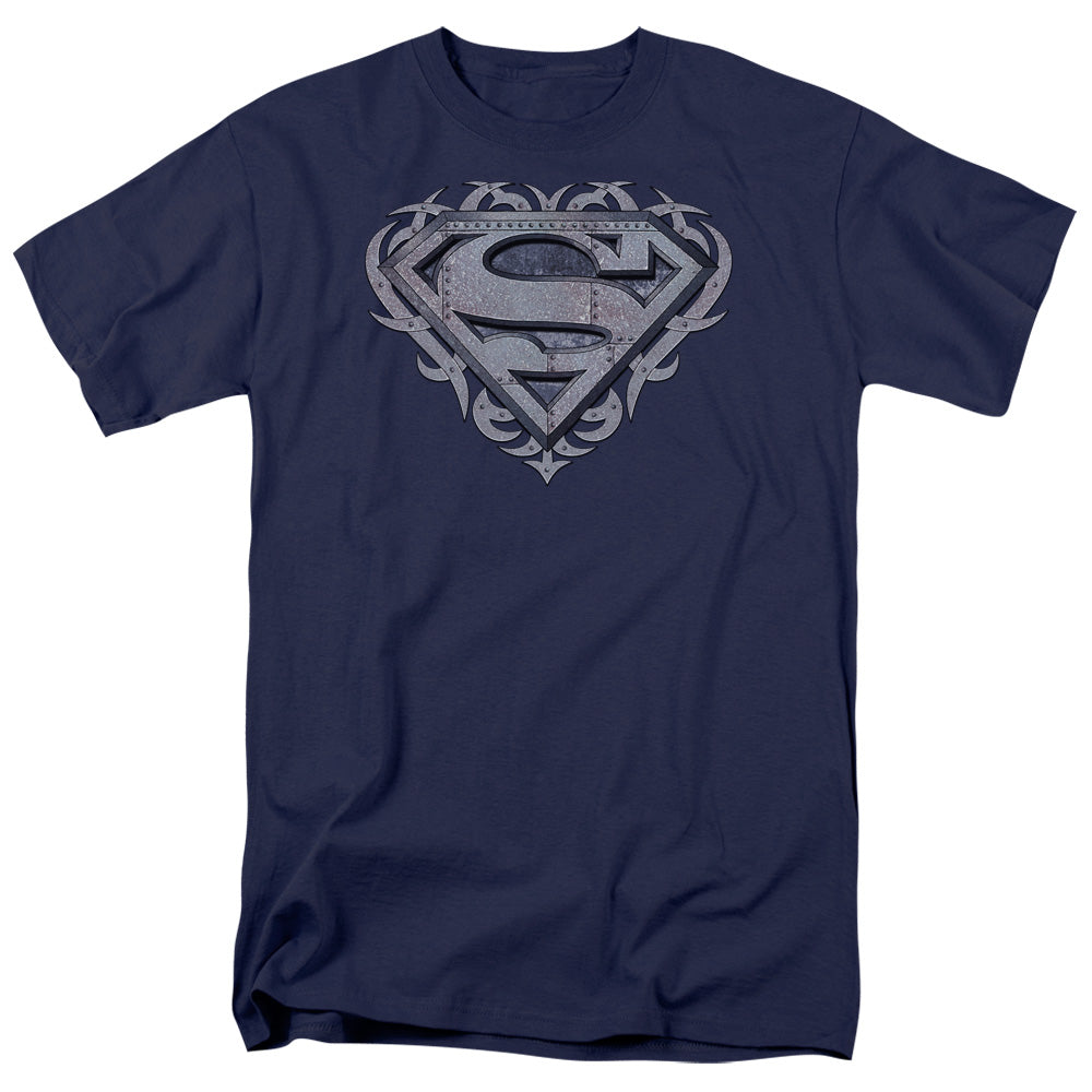 Superman - Tribal Steel Shield - Short Sleeve Adult 18/1 - Navy T-shirt