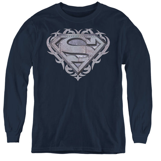 Superman - Tribal Steel Shield - Youth Long Sleeve Tee - Navy