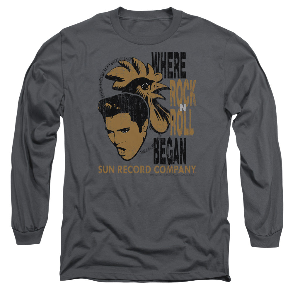 Sun - Elvis And Rooster - Long Sleeve Adult 18/1 - Charcoal T-shirt