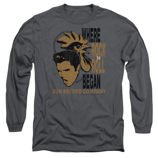 Sun - Elvis And Rooster - Long Sleeve Adult 18/1 - Charcoal T-shirt