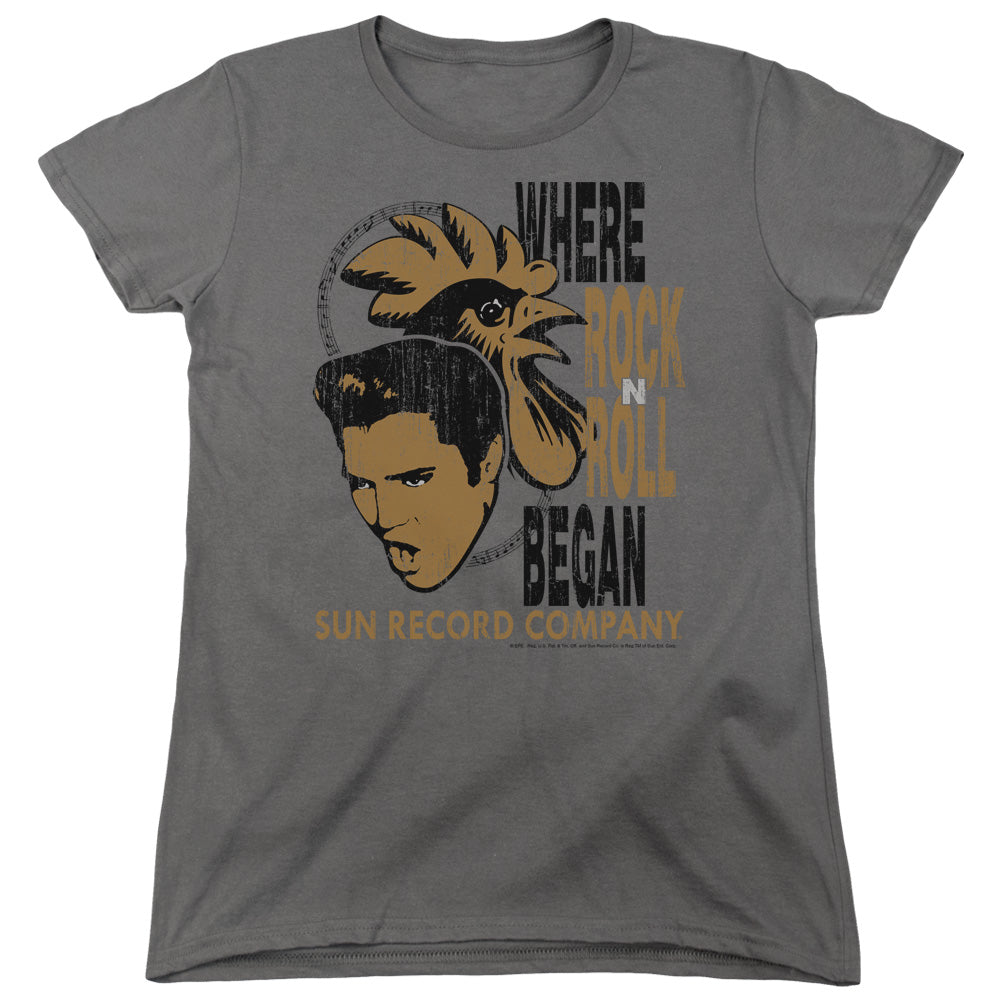 Sun - Elvis And Rooster - Short Sleeve Womens Tee - Charcoal T-shirt