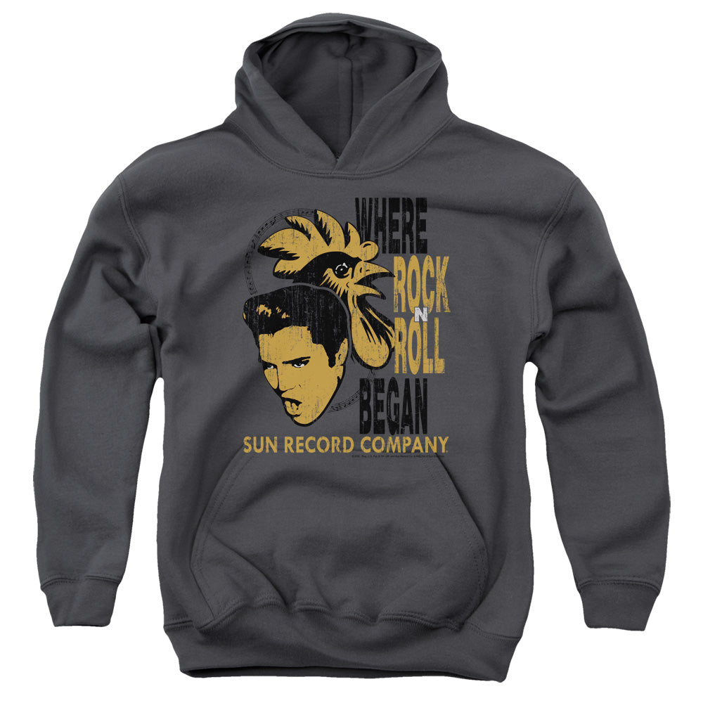 Sun - Elvis And Rooster - Youth Pull-over Hoodie - Charcoal