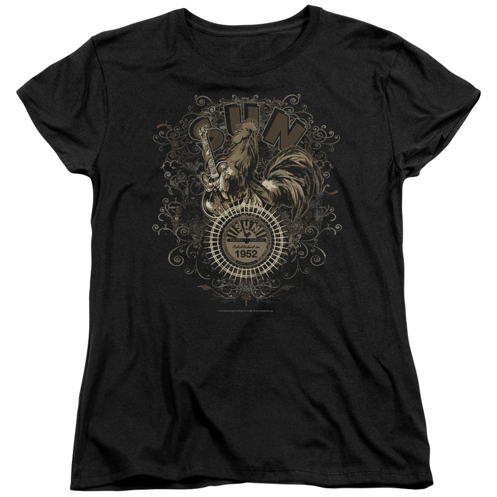 Sun - Scroll Around Rooster - Short Sleeve Womens Tee - Black T-shirt