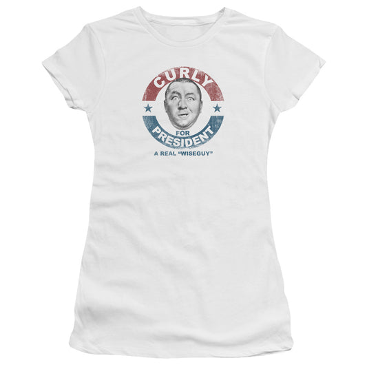 Three Stooges - Curly For President - Short Sleeve Junior Sheer - White T-shirt
