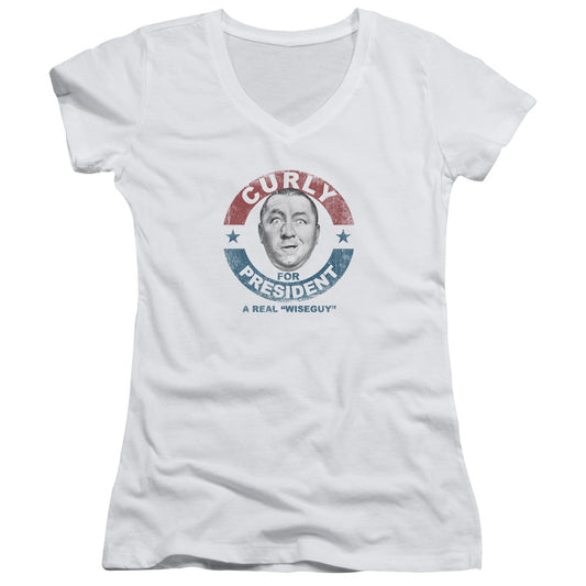 Three Stooges - Curly For President - Junior V-neck - White