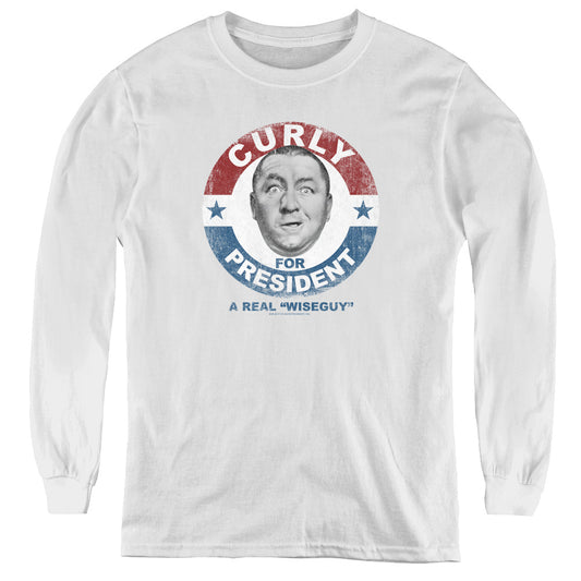 Three Stooges - Curly For President - Youth Long Sleeve Tee - White