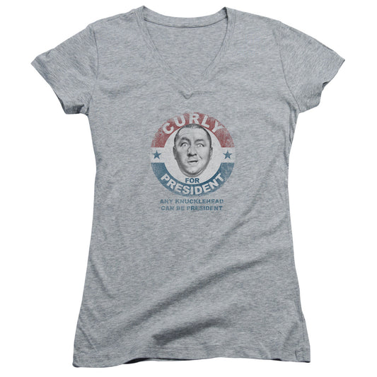 Three Stooges - Curly For President - Junior V-neck - Athletic Heather