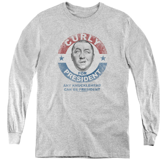 Three Stooges - Curly For President - Youth Long Sleeve Tee - Athletic Heather