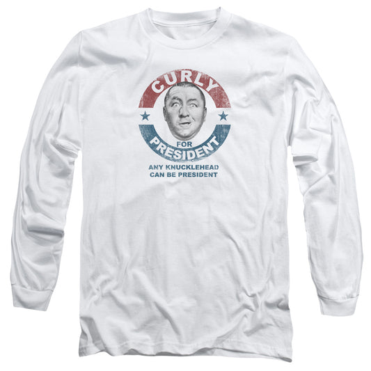 Three Stooges - Curly For President - Long Sleeve Adult 18/1 - White T-shirt