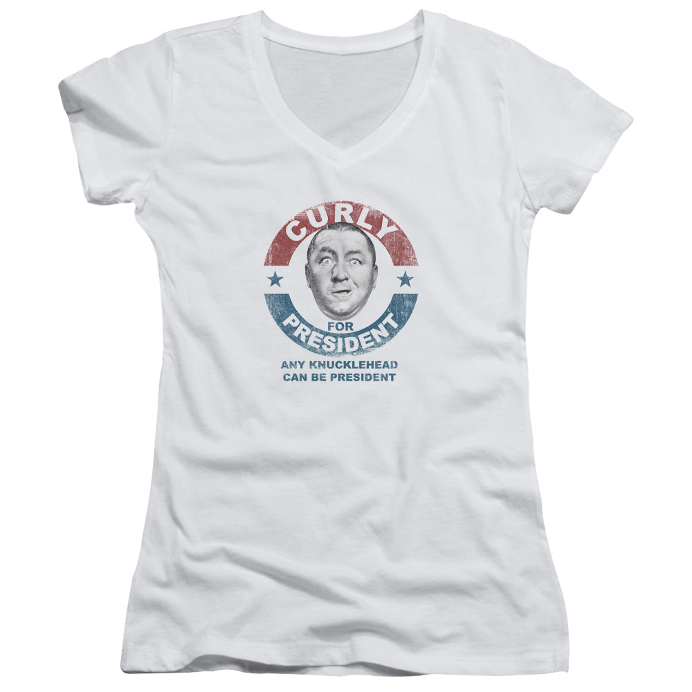 Three Stooges Curly For President - Junior V-neck - White