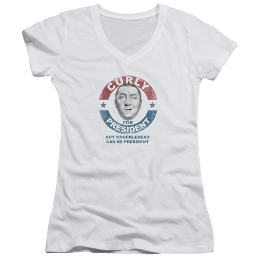 Three Stooges Curly For President - Junior V-neck - White
