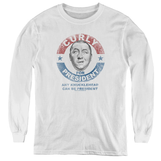 Three Stooges - Curly For President - Youth Long Sleeve Tee - White