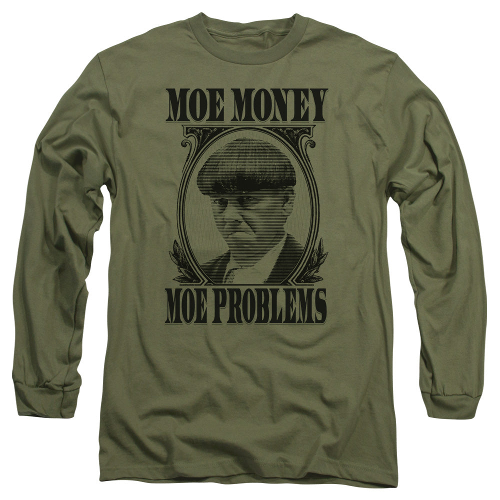 Three Stooges - Moe Money - Long Sleeve Adult 18/1 - Military Green T-shirt