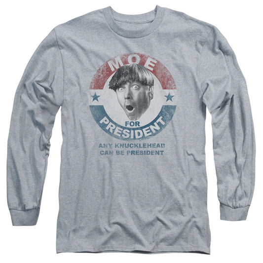 Three Stooges - Moe For President - Long Sleeve Adult 18/1 - Athletic Heather T-shirt