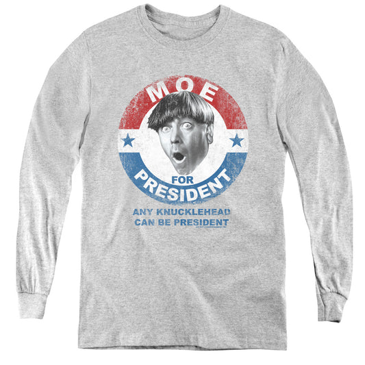 Three Stooges - Moe For President - Youth Long Sleeve Tee - Athletic Heather