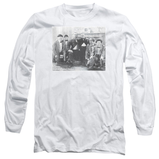 Three Stooges - Hello - Long Sleeve Adult 18/1 - White T-shirt