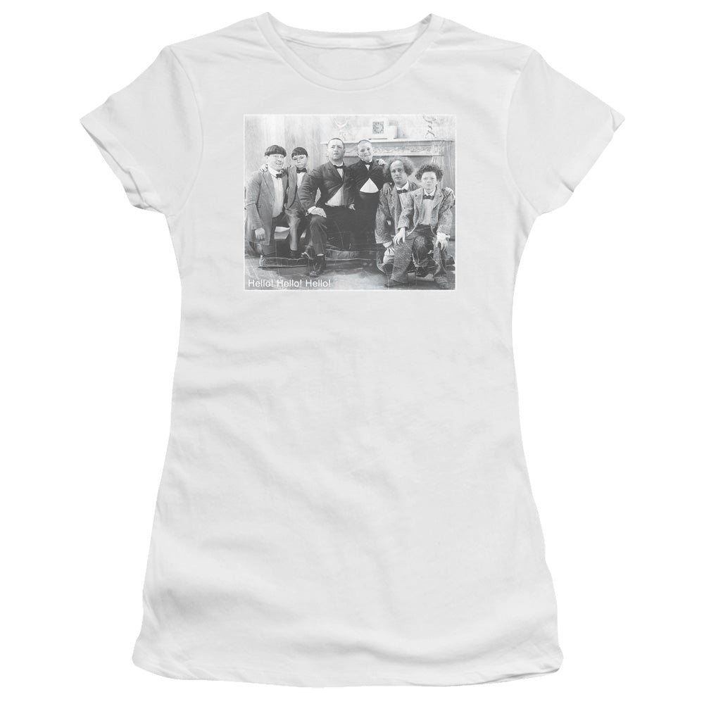 Three Stooges - Hello - Short Sleeve Junior Sheer - White T-shirt