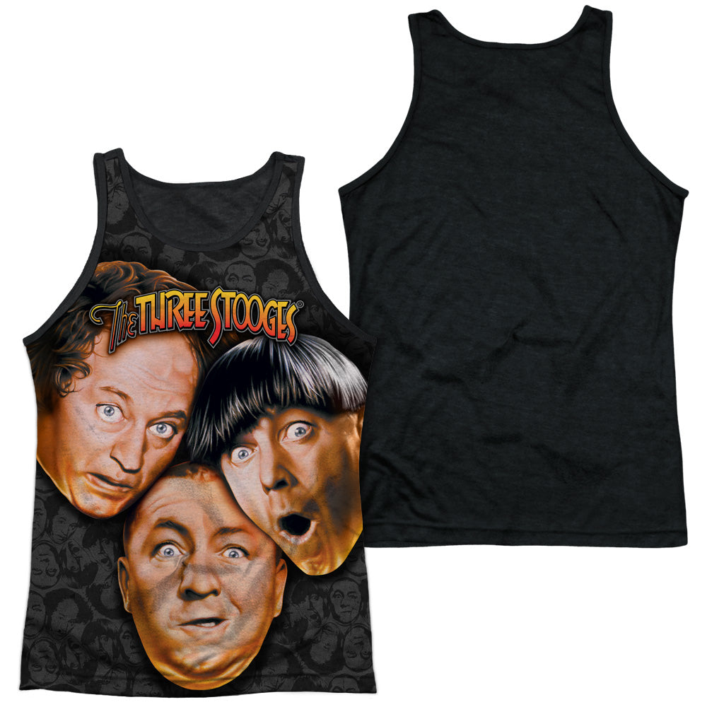 Three Stoogeshort Sleevetooges All Over - Adult Poly Tank Top Black Back - White T-shirt