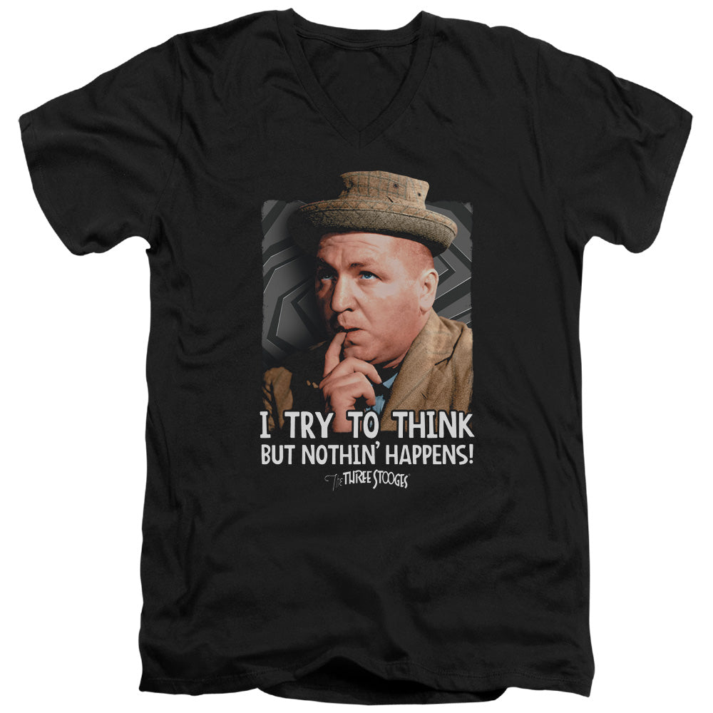Three Stooges - Try To Think - Short Sleeve Adult V-neck 30/1 - Black T-shirt