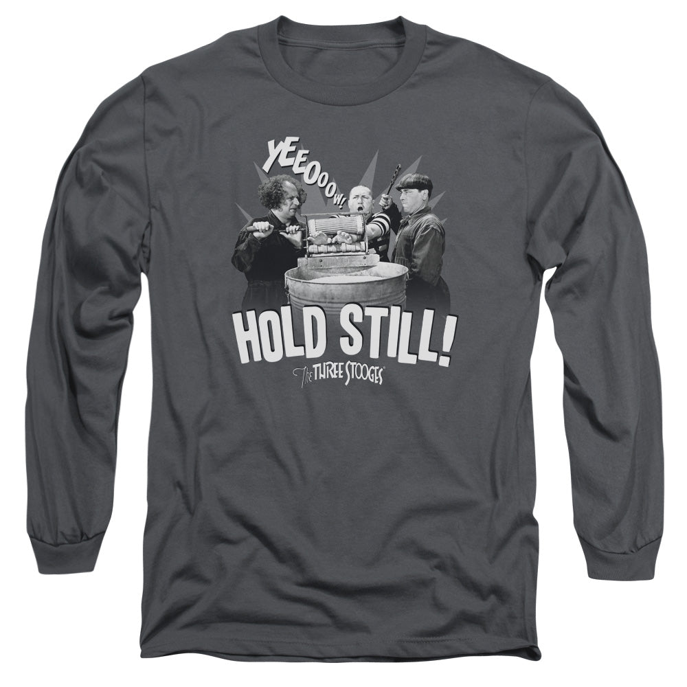 Three Stooges - Hold Still - Long Sleeve Adult 18/1 - Charcoal T-shirt