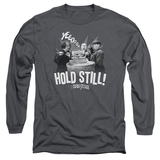 Three Stooges - Hold Still - Long Sleeve Adult 18/1 - Charcoal T-shirt