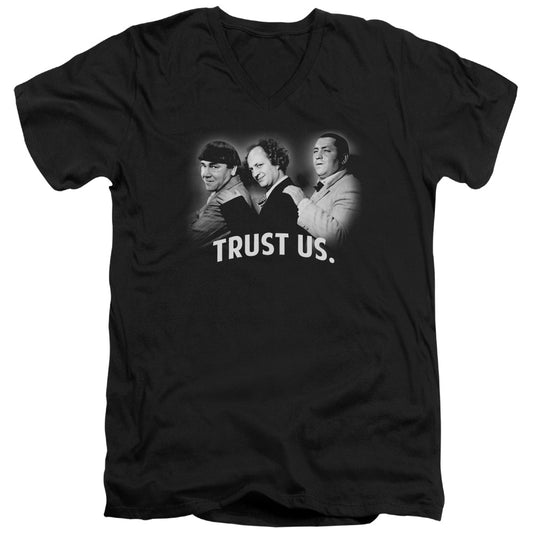 Three Stooges - Turst Us - Short Sleeve Adult V-neck 30/1 - Black T-shirt