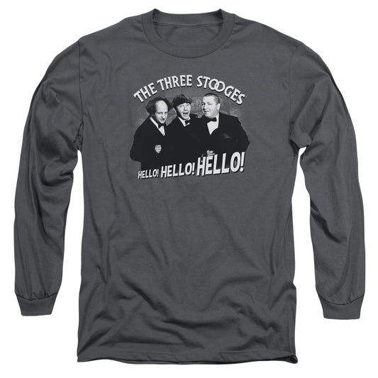 Three Stooges - Hello Again - Long Sleeve Adult 18/1 - Charcoal T-shirt